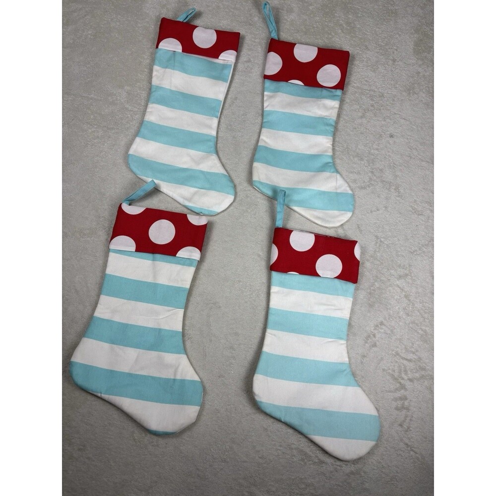 Whimsical Christmas Stockings Holidays Cotton Set Of 4 Stripes Polka Dots Blue